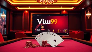 Experience the luxury of Vua99 online casino with dynamic gaming tables and vibrant poker chips.