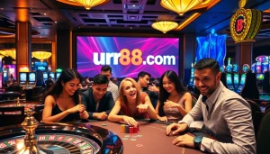 Exciting gambling scene at urr88.com showcasing poker tables, roulette wheels, and vibrant players.
