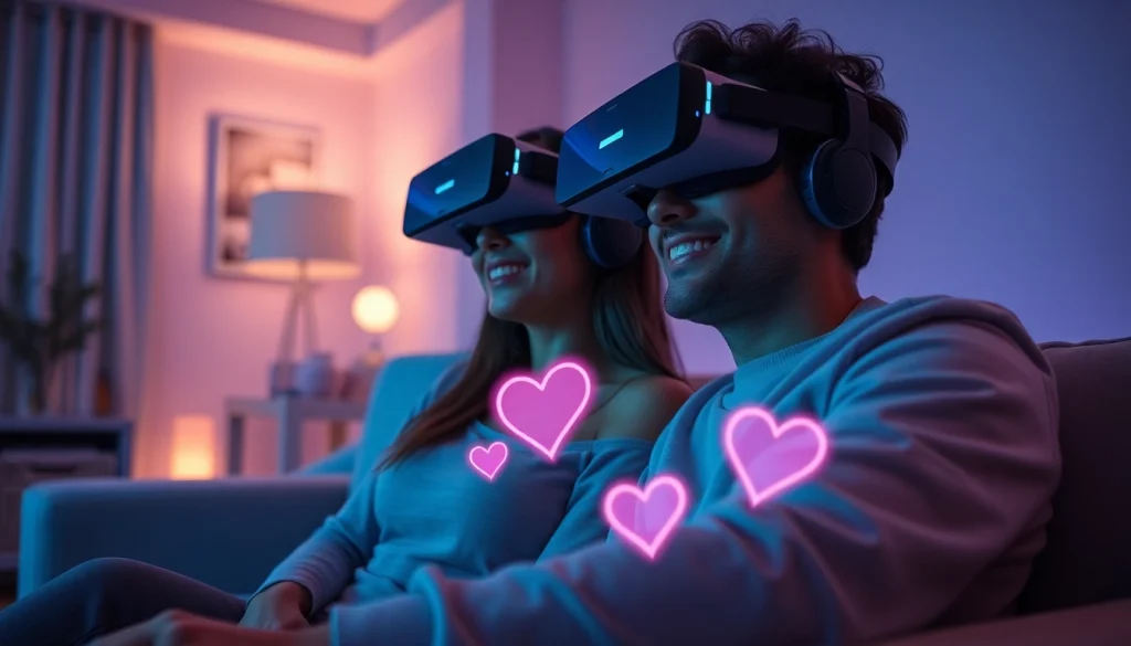 A couple enjoying an intimate virtual reality experience with sex ai technology in a cozy, modern setting.