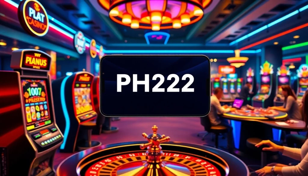 Players engaging with PH222 online gaming app amidst neon-lit casino atmosphere.