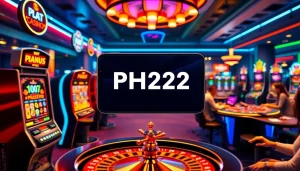 Players engaging with PH222 online gaming app amidst neon-lit casino atmosphere.