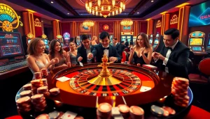 Experience the thrill of gambling on 789win com with vibrant casino visuals and players engaging at roulette.
