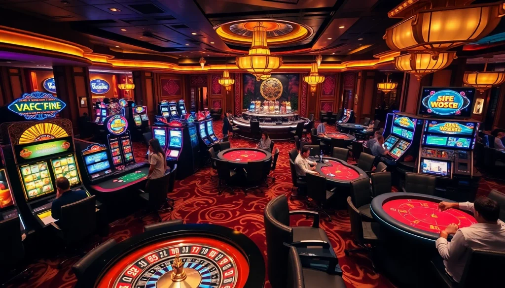 Exciting gambling scene at https://f168biz.com/ with players at poker tables and vibrant slot machines.