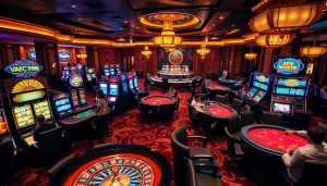 Exciting gambling scene at https://f168biz.com/ with players at poker tables and vibrant slot machines.