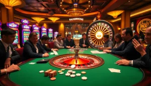 RAJABARONG showcases an exciting poker game at a luxurious casino table amidst vibrant slot machines.