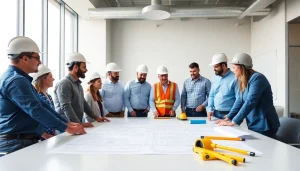 Engaged professionals from a construction association North Carolina discussing plans at a meeting.