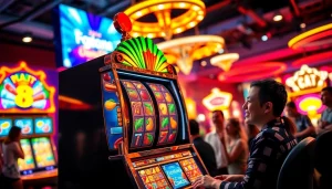 Petani toto dengan mesin slot berkilau yang menarik perhatian dan meningkatkan suasana permainan.