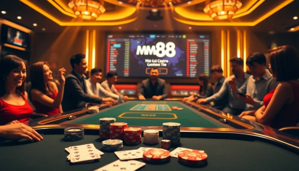 Experience the excitement of Nhà cái MM88 with vibrant casino visuals featuring live dealer tables and gaming elements.
