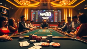 Experience the excitement of Nhà cái MM88 with vibrant casino visuals featuring live dealer tables and gaming elements.