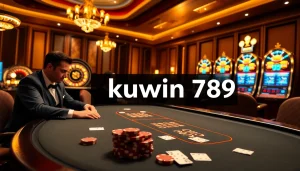 Kuwin 789 casino scene with poker table, vibrant slots, and dynamic betting interface.