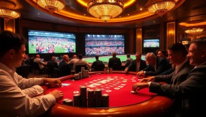 Watch trực tiếp bóng đá streaming on a vibrant casino scene with excited gamblers at the poker table.