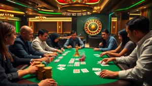 Players engaging in poker at a UU88 casino table, showcasing vibrant chips and cards.