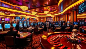 F168 players enjoying high-stakes casino gaming with vibrant slot machines and live tables.