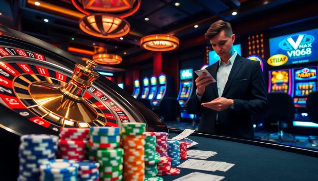 Experience thrilling gameplay with Vmax 68 casino elements, including poker chips and roulette.