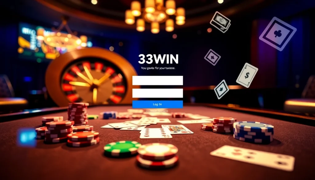 Exciting login interface for 33WIN amidst vibrant casino elements, capturing the thrill of online gambling.