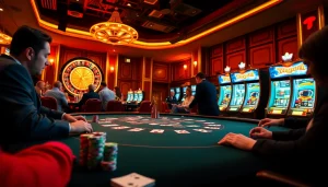 KJC players enjoying a thrilling high-stakes poker game with vibrant casino atmosphere.