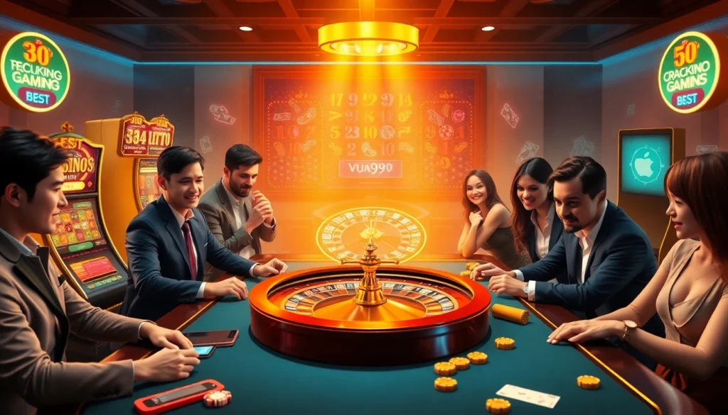 Gamblers placing bets on the Vua99 platform, featuring exciting casino elements like poker chips and a roulette wheel.