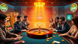 Gamblers placing bets on the Vua99 platform, featuring exciting casino elements like poker chips and a roulette wheel.