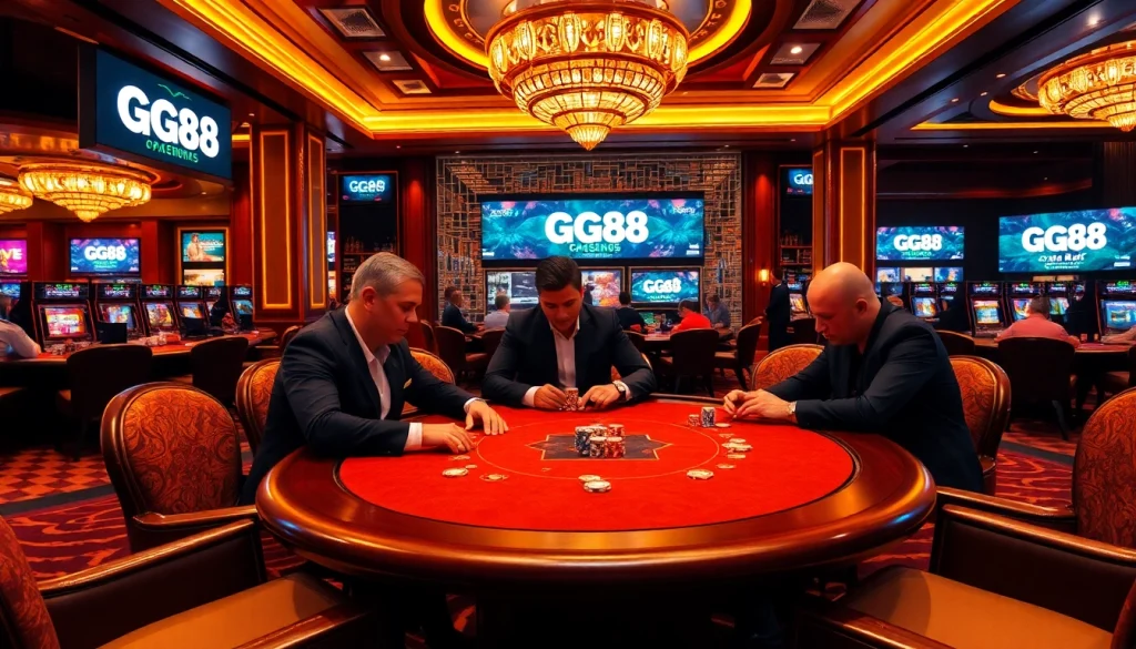 GG88 poker players engaging at an upscale casino table with vibrant lighting.