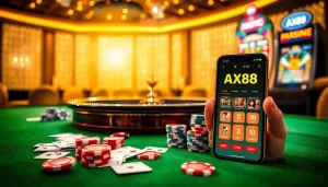Experience thrilling games at AX88 with Poker chips, cards, and roulette table in a vibrant casino setting.