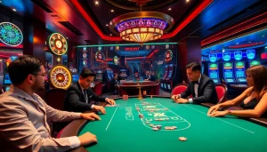 High-stakes poker action at 11win casino with elegant players and glimmering roulette.
