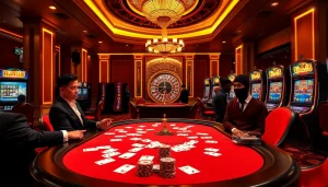 Experience the thrill of gaming at HM88 with vibrant poker chips and a spinning roulette wheel.