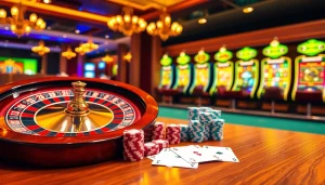 Experience excitement with the NEW88 link at a lavish casino table filled with cards and chips.
