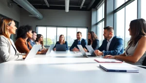 Engaged team collaborating in a business meeting, emphasizing professional dynamics and collaboration.