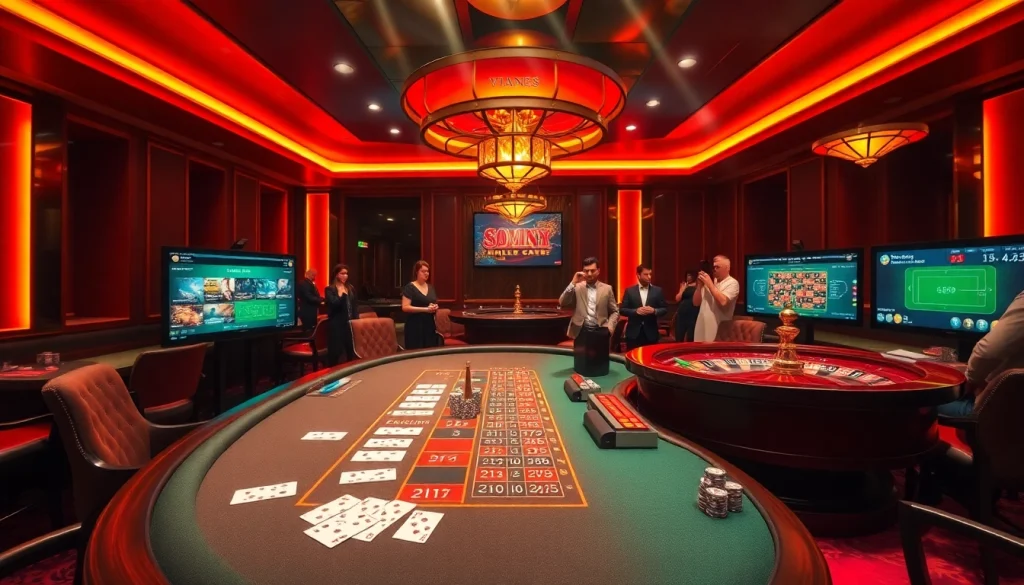 Experience the thrill of playing at https://sshbet.io/ with an upscale casino ambiance featuring poker tables and roulette wheels.