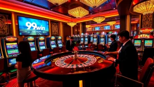 Gambling excitement at 99win casino with colorful roulette table and vibrant slot machines.
