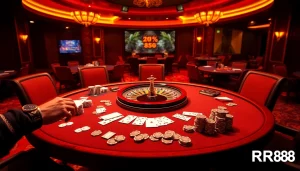 Engaging players at the Trang Chủ RR88 online casino table with poker chips and cards.