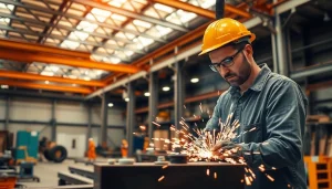 Technician performing structural steel fabrication in an industrial workshop with vibrant sparks.