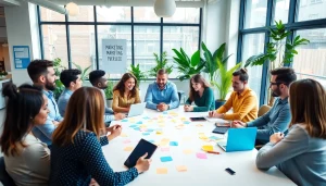 Agency team brainstorming in a bright workspace fostering innovation and collaboration.