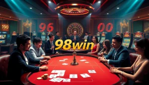 Engaged players enjoying the excitement of 98win trang chu in a luxurious online casino setting with poker and slot games.