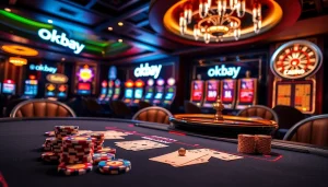 High-stakes poker scene at a luxury casino with vibrant elements, embodying okbay's thrilling atmosphere.