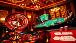 Exciting casino scene showcasing say88 themed roulette and poker tables with vibrant gaming elements.