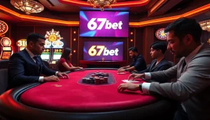 Professional poker players enjoy a game at a luxurious table with 67bet branding.