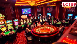 A dynamic casino scene showcasing excitement and luxury at https://lc88comm.com/, featuring engaging table games and slot machines.