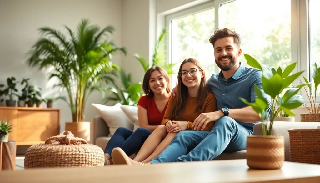 Enhance your living experience with https://sicherlebensraum.de showcasing a family in a sustainable home environment.