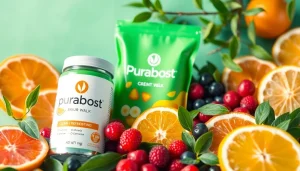 Puraboost drink mix with green tea and fresh fruits in a vibrant setup.
