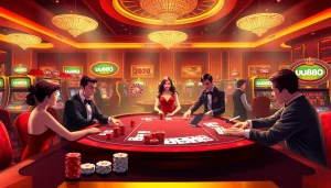 A vibrant casino scene featuring uu88 gaming tables with players engaged in exciting games.
