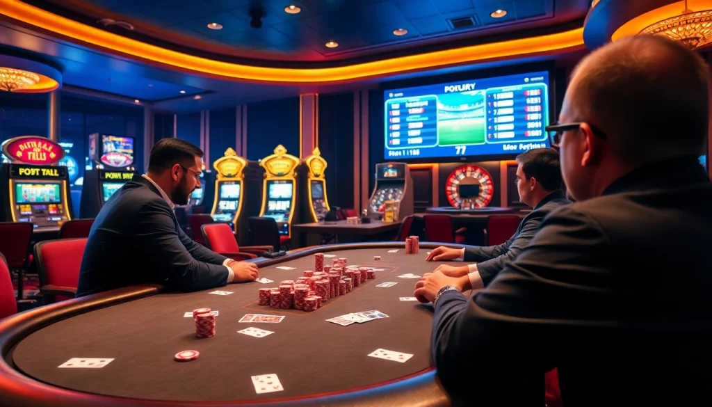 Exciting poker action at a casino with live scores from 7m displayed on screens.