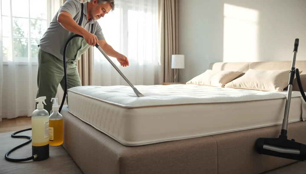 Man performing mattress cleaning Dubai service with professional equipment in a bright bedroom.