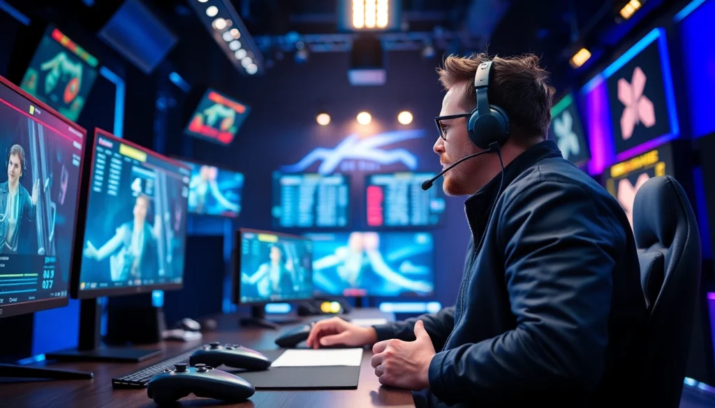 Engaging esports commentator presenting live gaming insights on https://www.gamelevate.com from a high-tech studio.