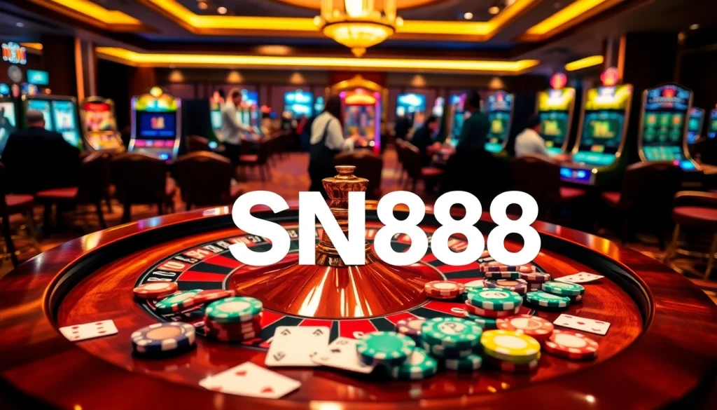 Experience the thrill of gambling at SN888 with vibrant casino visuals featuring roulette, cards, and poker chips.