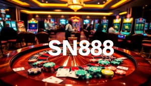 Experience the thrill of gambling at SN888 with vibrant casino visuals featuring roulette, cards, and poker chips.