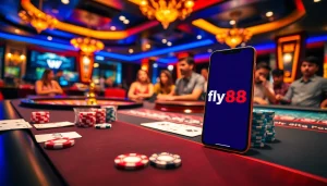 Experience the thrill of Fly88 with a luxurious casino table and poker action.