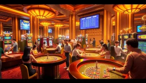 Experience thrilling gameplay with 78WIN at a lively casino table featuring vibrant roulette and slot machines.