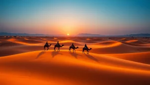 Camel ride Marrakech: Scenic sunset view of riders on camels traversing the Agafay Desert