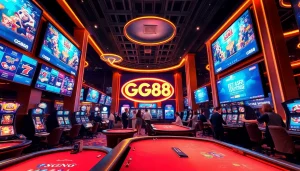 GG88 online casino vibrant scene with players enjoying various games and promotions